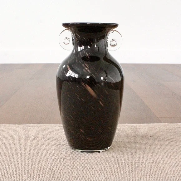 Vintage Black Aventurine Art Glass Vase Copper Dust Fleck Scroll Handle